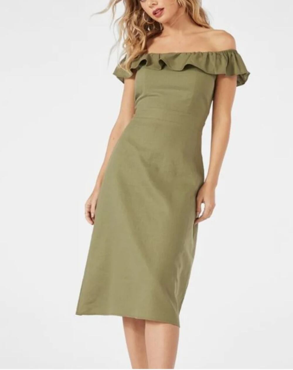 NWT Justfab Green Linen Dress Ruffle Off the Shoulder Cottage Clean Girl Small